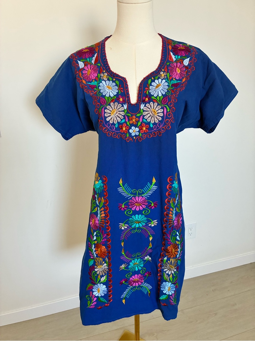 Hand-Embroidered Royal Blue Mexican Midi Dress